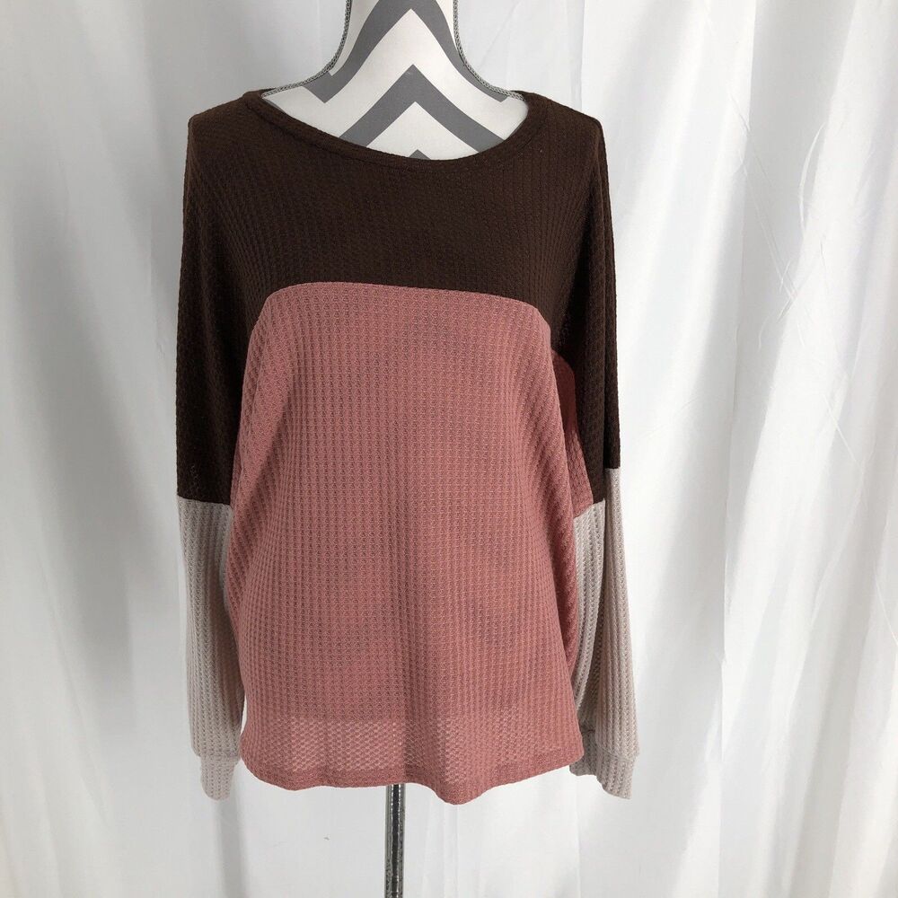Miss Sparkling Color Block Waffle Knit Balloon Sleeve Long Sleeve Top Medium